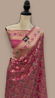 Onion Pink Pure Katan Silk Banarasi Handloom Saree - All over Jaal work with Meenakari - The Handlooms
