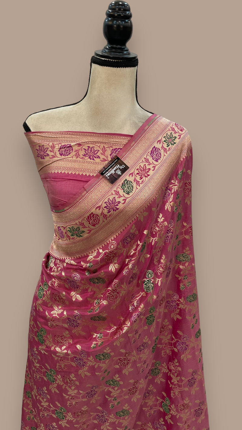 Onion Pink Pure Katan Silk Banarasi Handloom Saree - All over Jaal work with Meenakari - The Handlooms