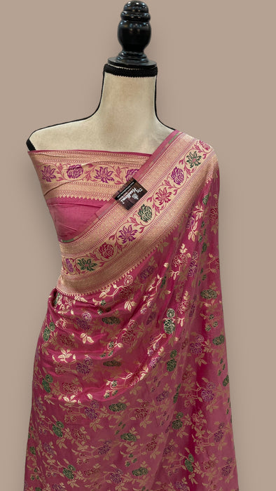 Pink Pure Katan Silk Banarasi Handloom Saree - All over Jaal work with Meenakari