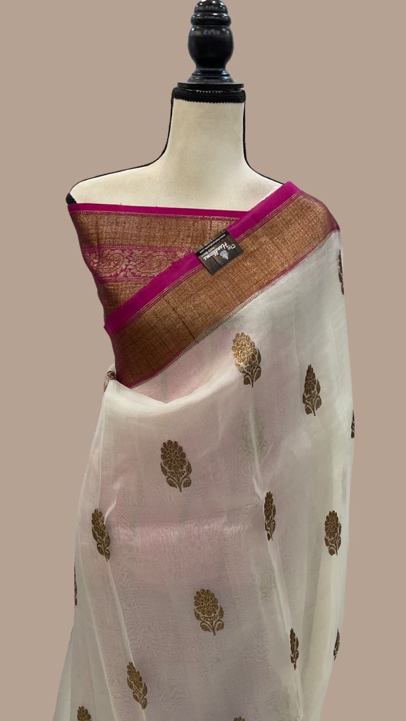 Off-white Pure Kora Handloom Banarasi Saree - The Handlooms