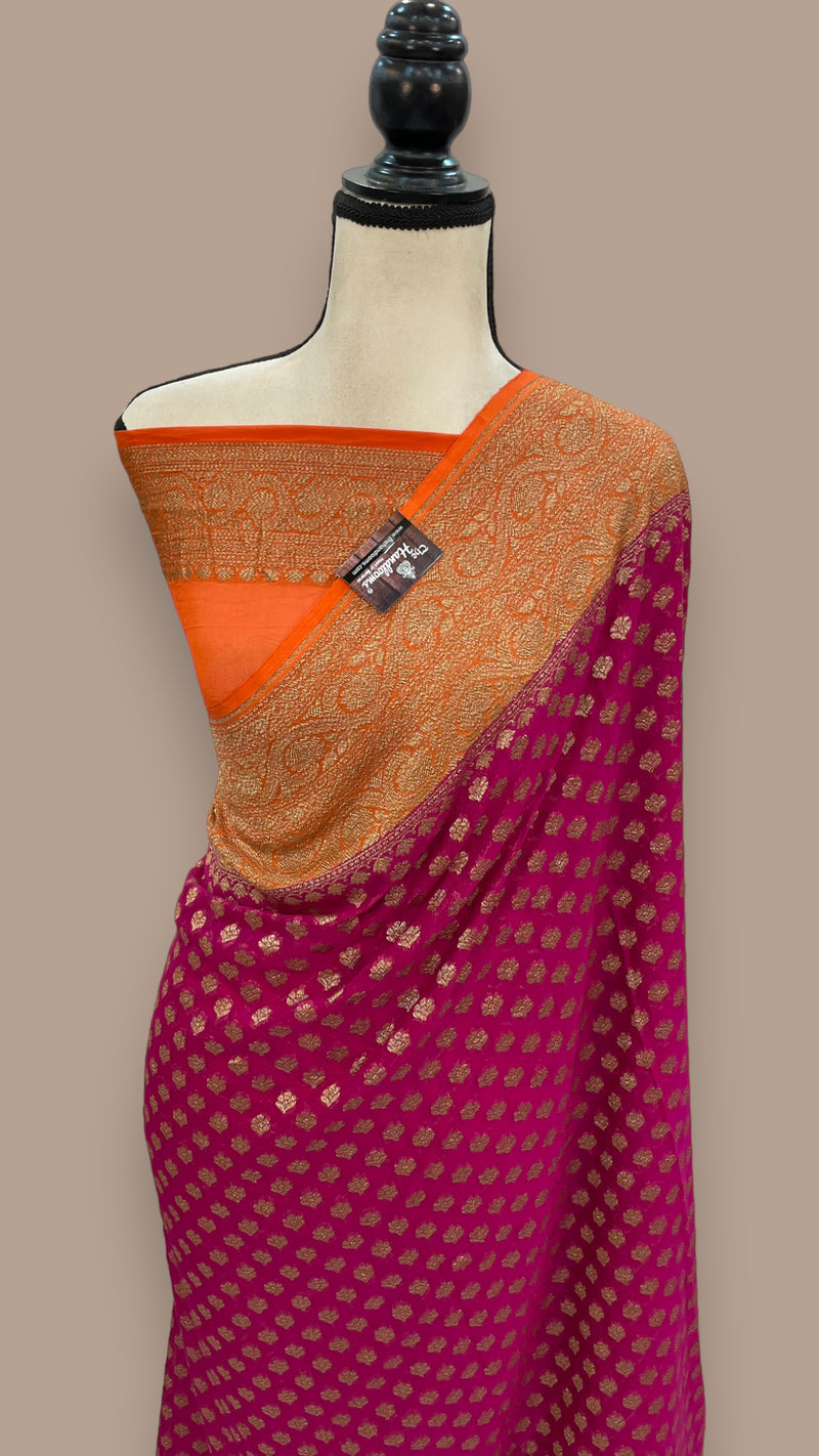 Hot Pink Pure Khaddi Georgette Handloom Banarasi Saree - The Handlooms