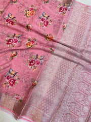 Pure Georgette  Digital Print with Chikankari Handloom Banarasi Saree - The Handlooms