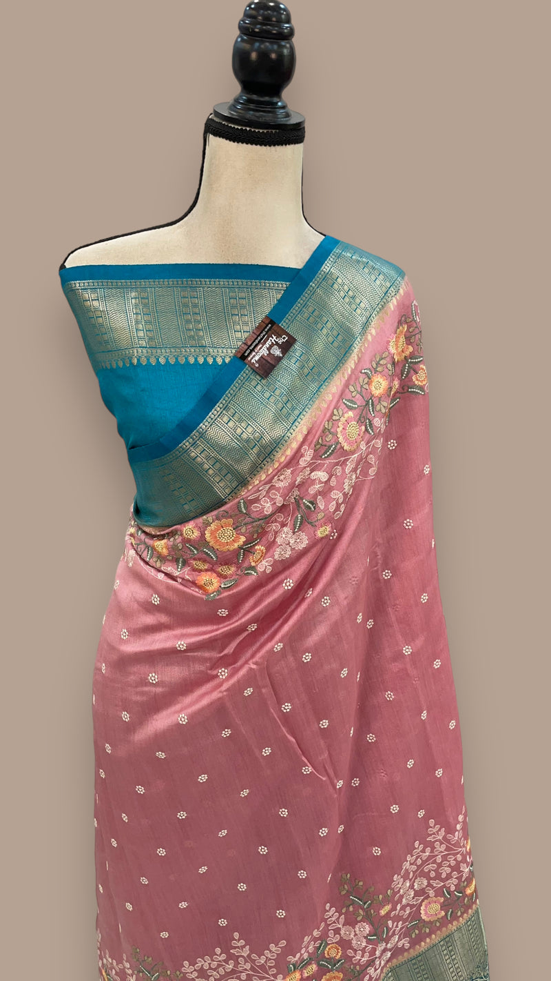 Pure Chiniya Silk Handloom Banarasi Saree with Chikankari - The Handlooms