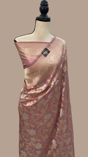 Onion Pink Pure Katan Silk Banarasi Handloom Saree - All Over Sona Roopa Jaal Work - The Handlooms