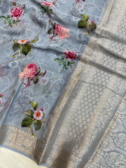 Pure Georgette  Digital Print with Chikankari Handloom Banarasi Saree - The Handlooms