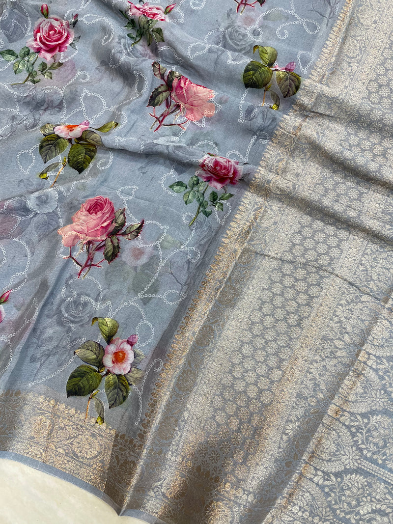 Pure Georgette  Digital Print with Chikankari Handloom Banarasi Saree - The Handlooms