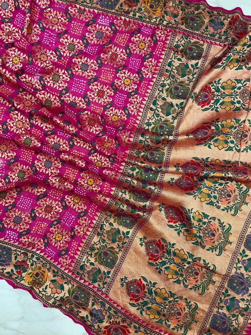 Pure Georgette Banarasi Bandhej Handloom Saree - Meenakari