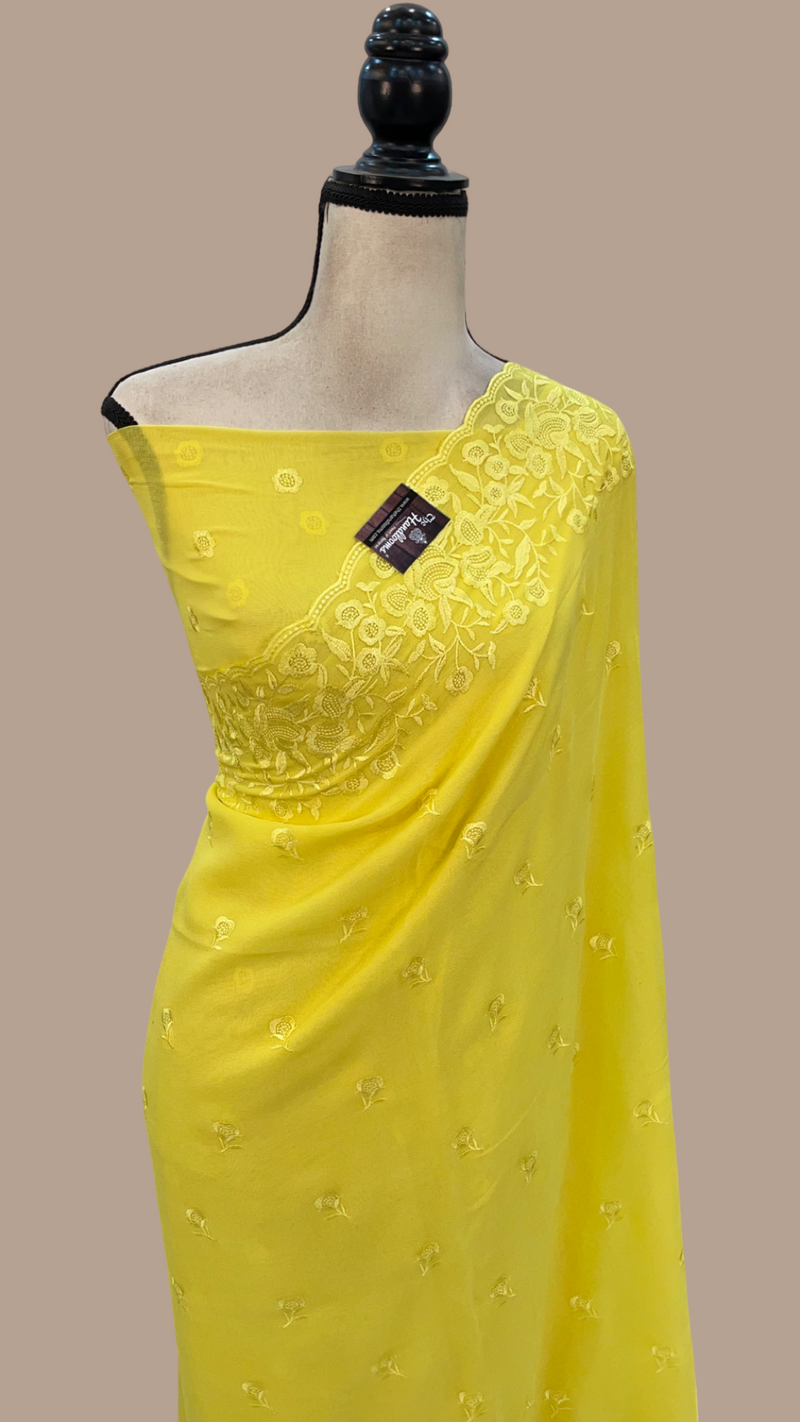 Pure Georgette Chikankari Handloom Banarasi Saree - The Handlooms