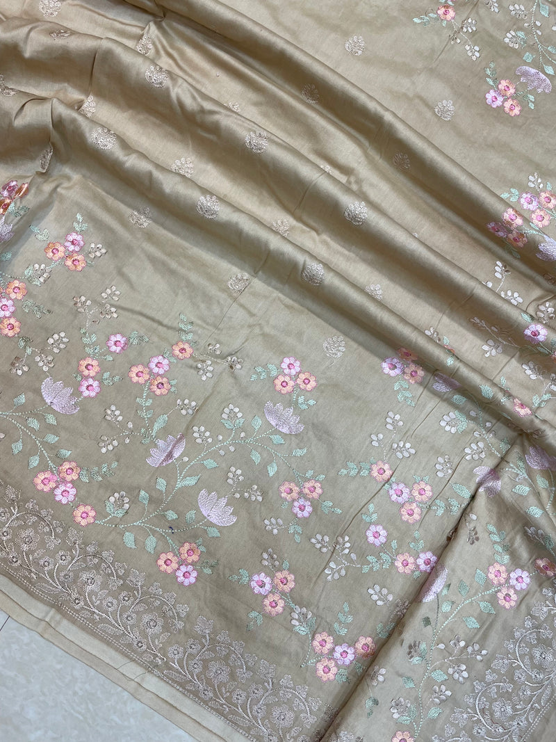 Pure Chiniya Silk Handloom Banarasi Saree With Chikankari - The Handlooms