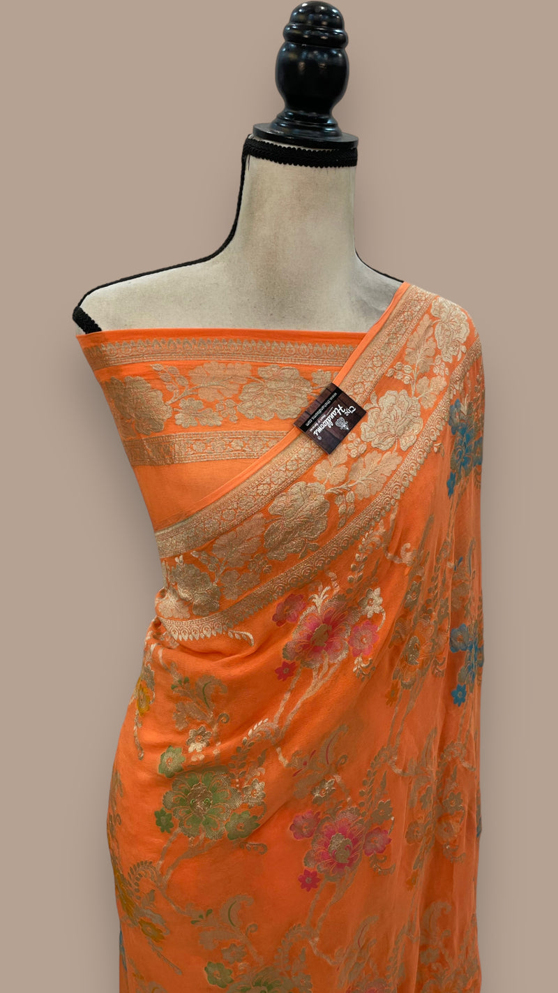 Peach Khaddi Georgette Handloom Banarasi Saree - All over Jaal Work With Meenakari - The Handlooms