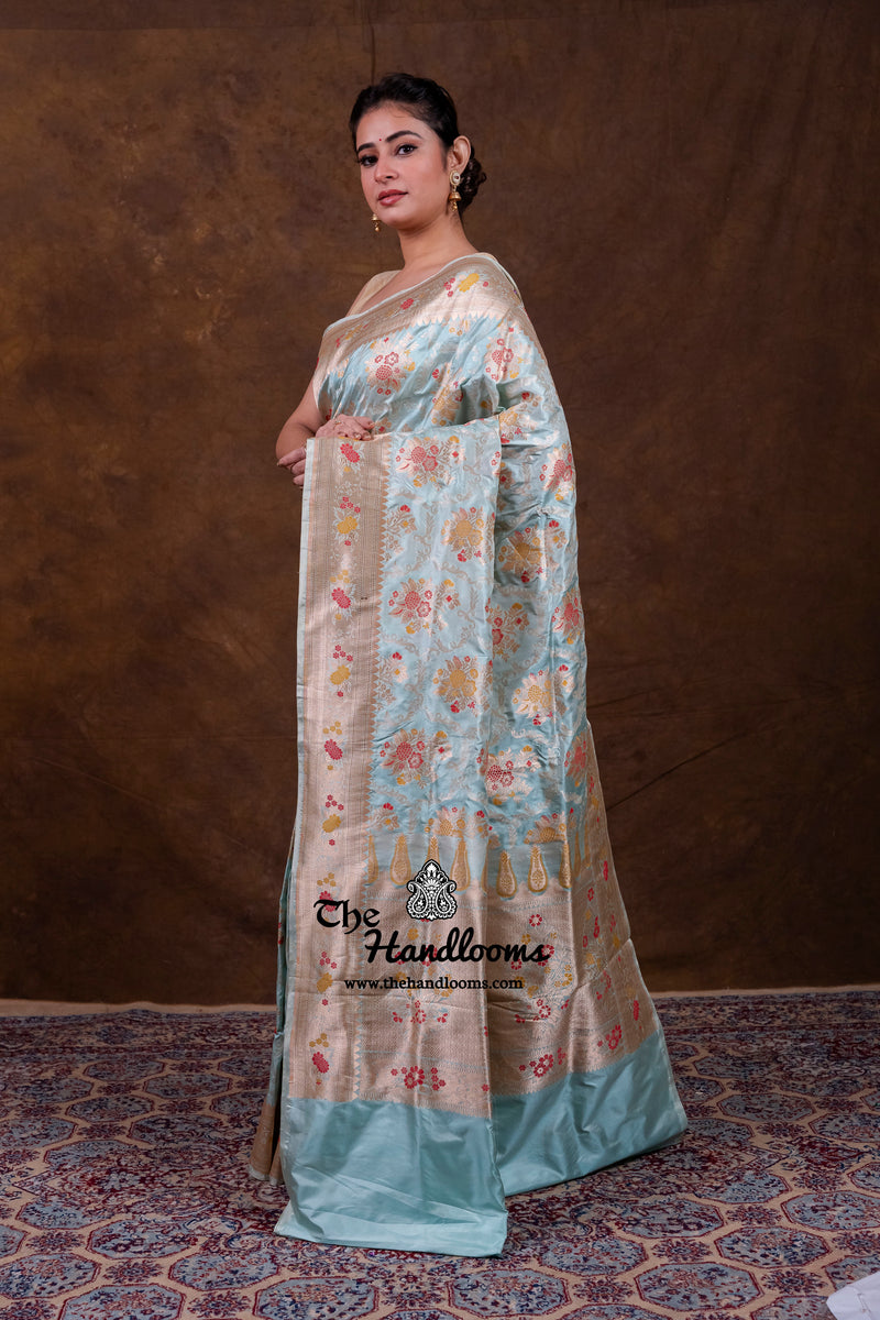 Pure Katan Silk Banarasi Handloom Saree - All over Jaal Work With Meenakari