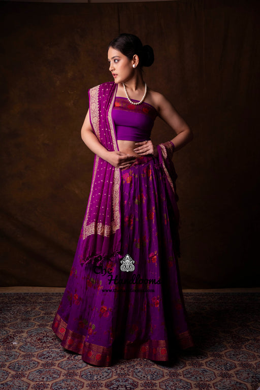 Pure Chiffon Khaddi Handloom Banarasi Lehenga - Stitched - The Handlooms