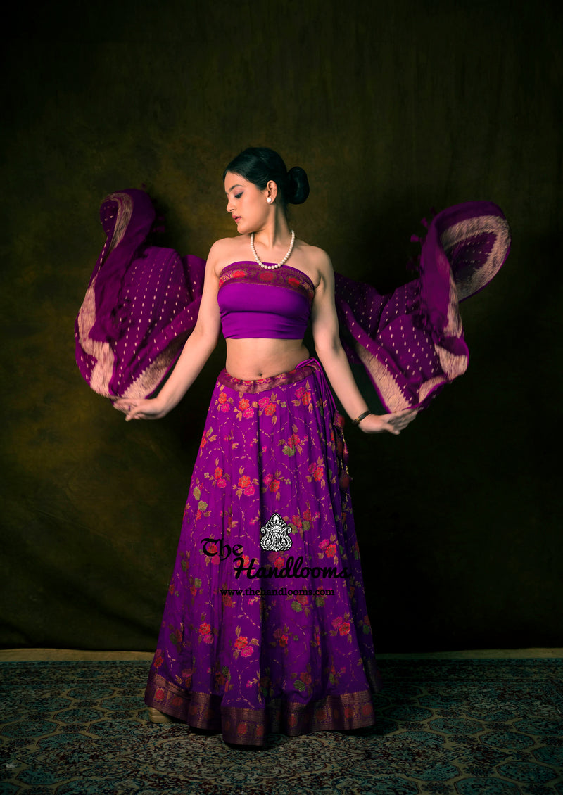 Pure Chiffon Khaddi Handloom Banarasi Lehenga - Stitched - The Handlooms