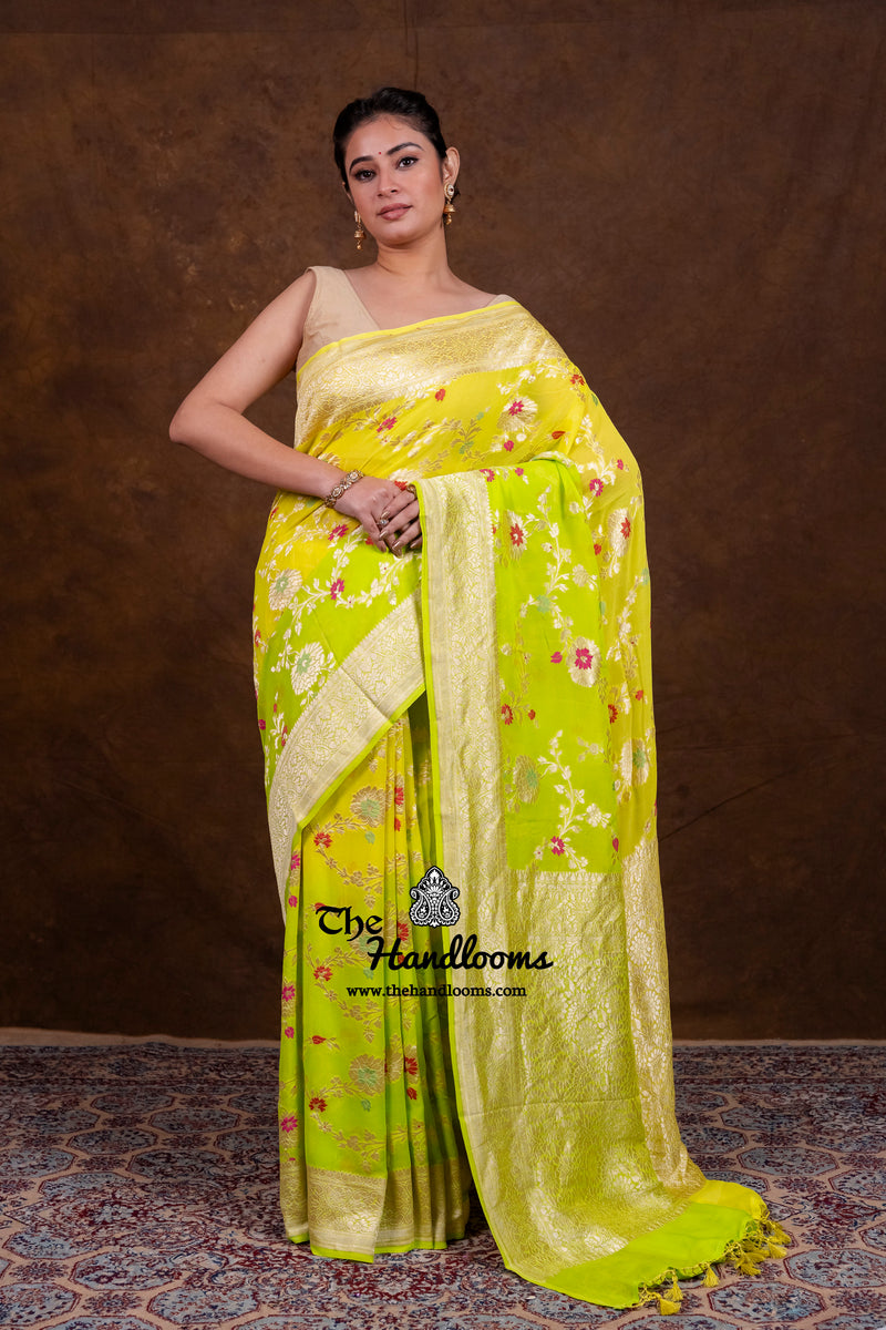 Pure Khaddi Georgette Handloom Banarasi Saree - All Over Jaal Work With Meenakari