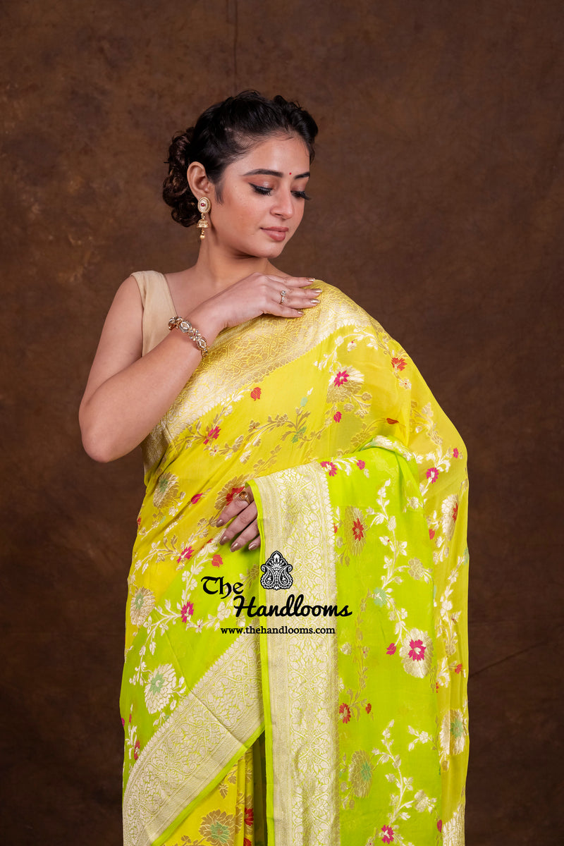 Pure Khaddi Georgette Handloom Banarasi Saree - All Over Jaal Work With Meenakari