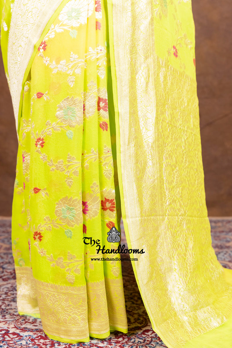 Pure Khaddi Georgette Handloom Banarasi Saree - All Over Jaal Work With Meenakari