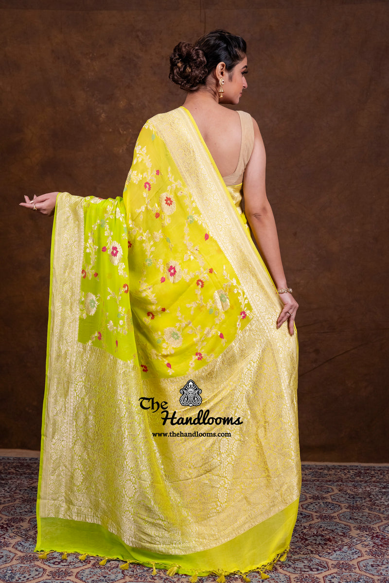 Pure Khaddi Georgette Handloom Banarasi Saree - All Over Jaal Work With Meenakari