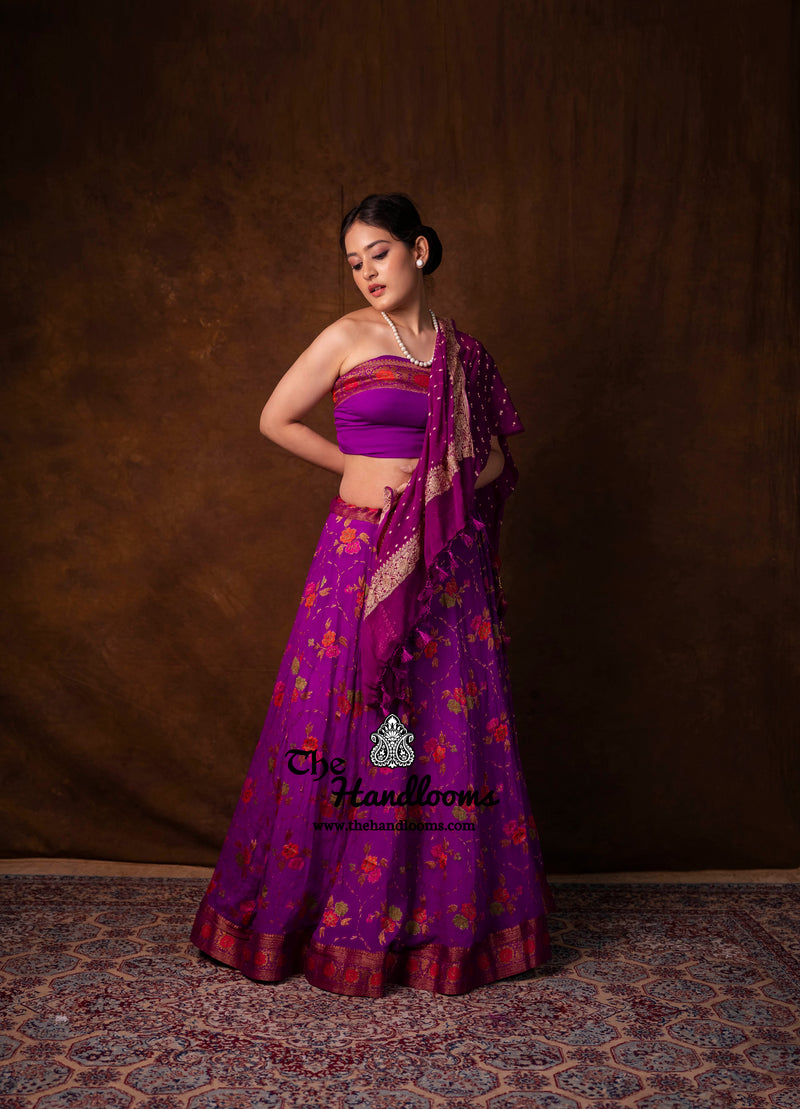 Pure Chiffon Khaddi Handloom Banarasi Lehenga - Stitched - The Handlooms