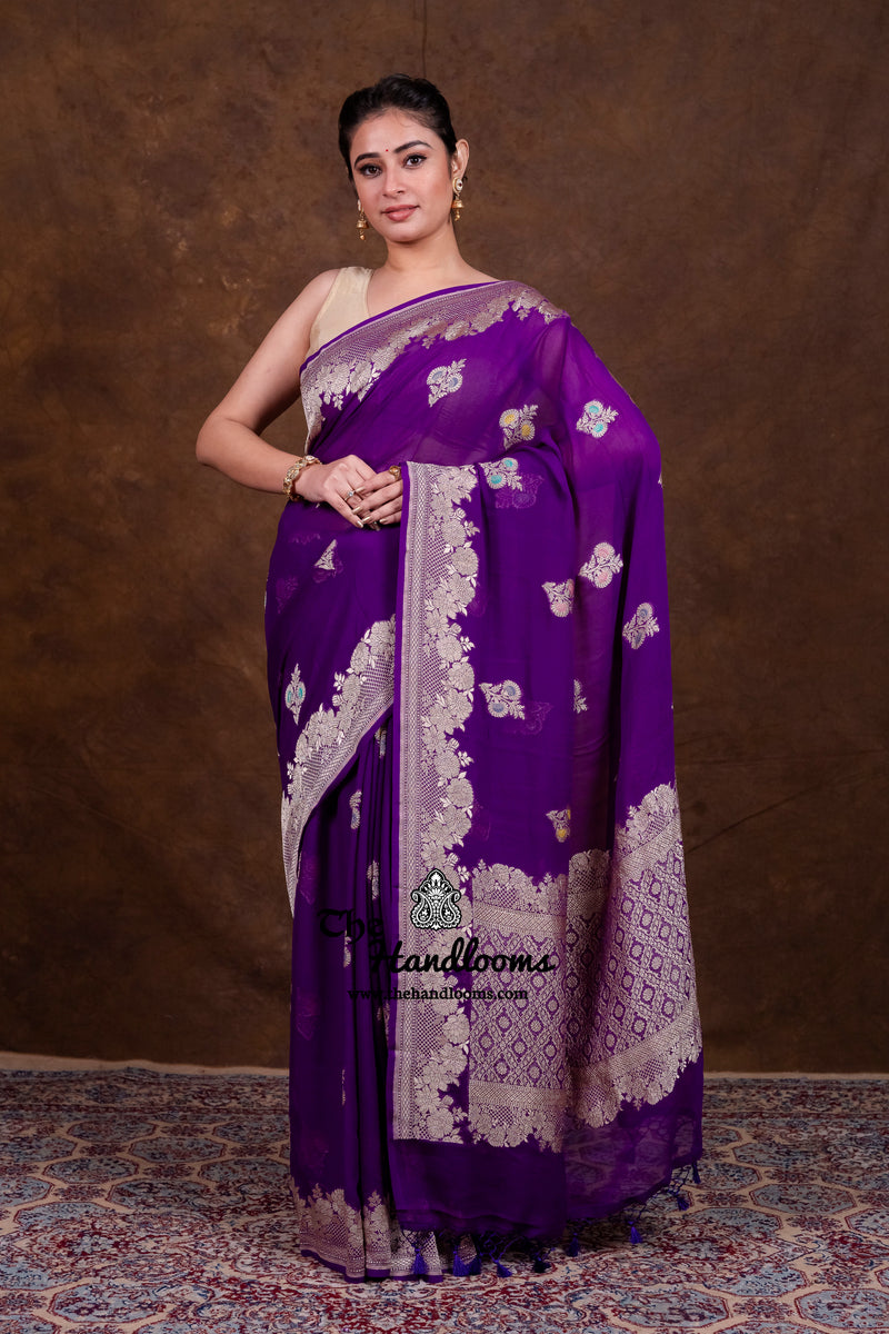 Pure Khaddi Georgette Handloom Banarasi Saree - All Over Jaal Work With Meenakari