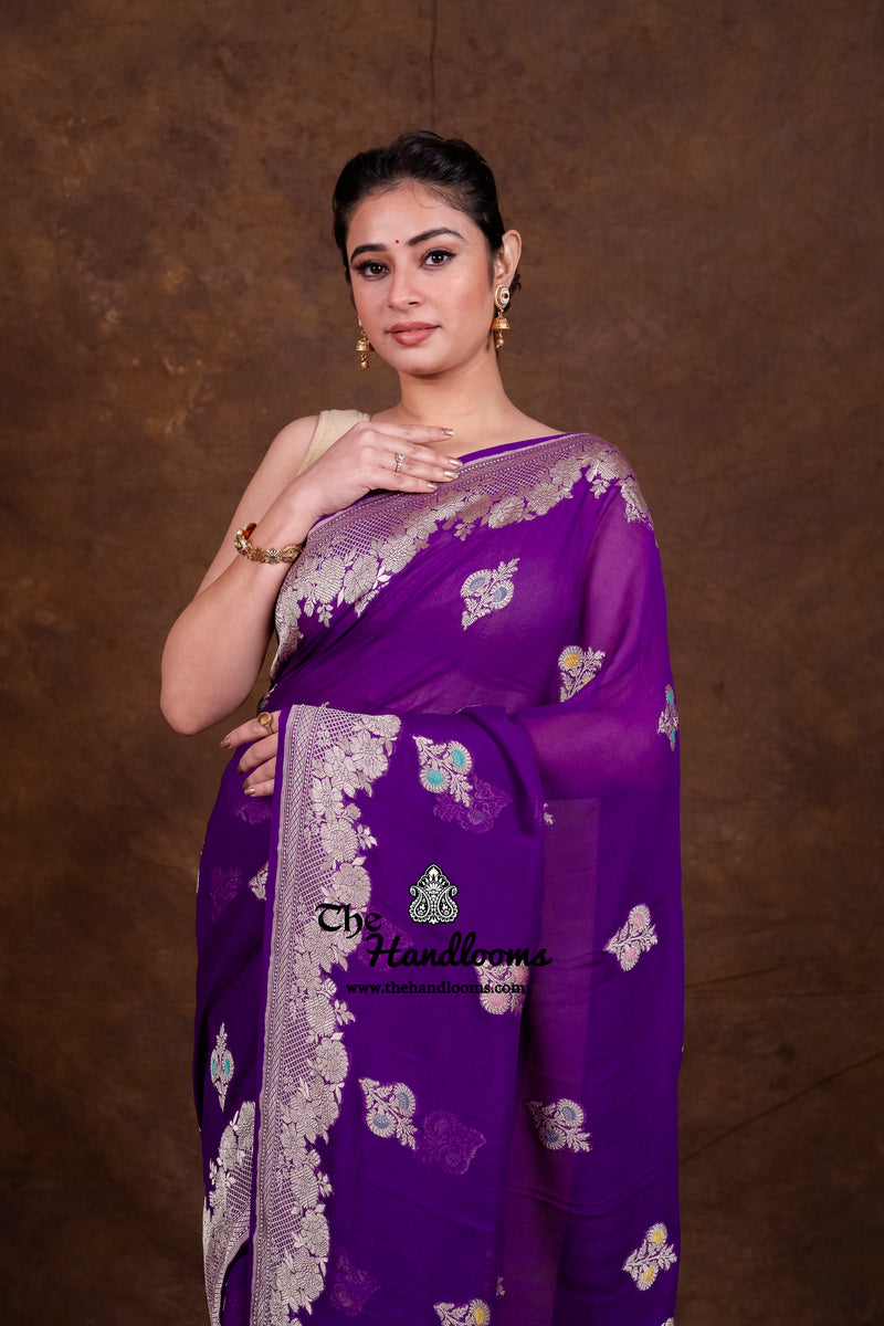 Pure Khaddi Georgette Handloom Banarasi Saree - All Over Jaal Work With Meenakari