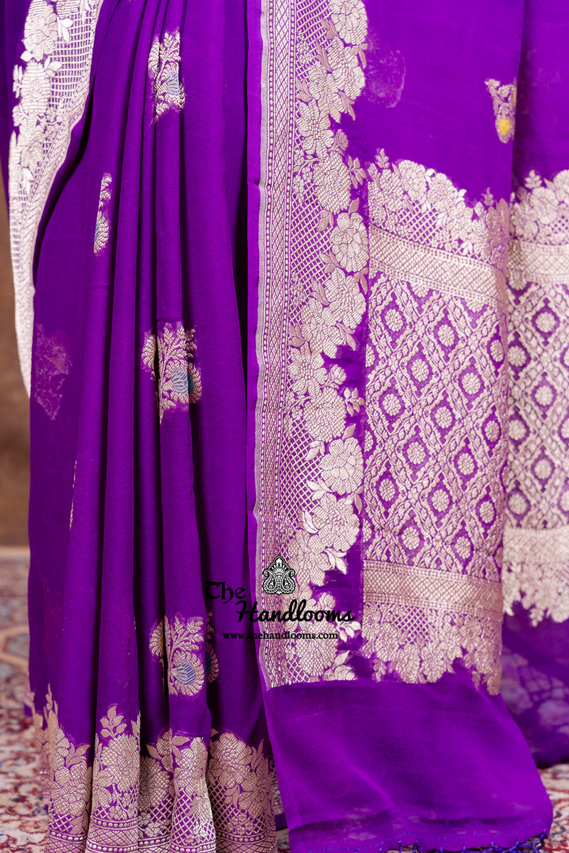 Pure Khaddi Georgette Handloom Banarasi Saree - All Over Jaal Work With Meenakari