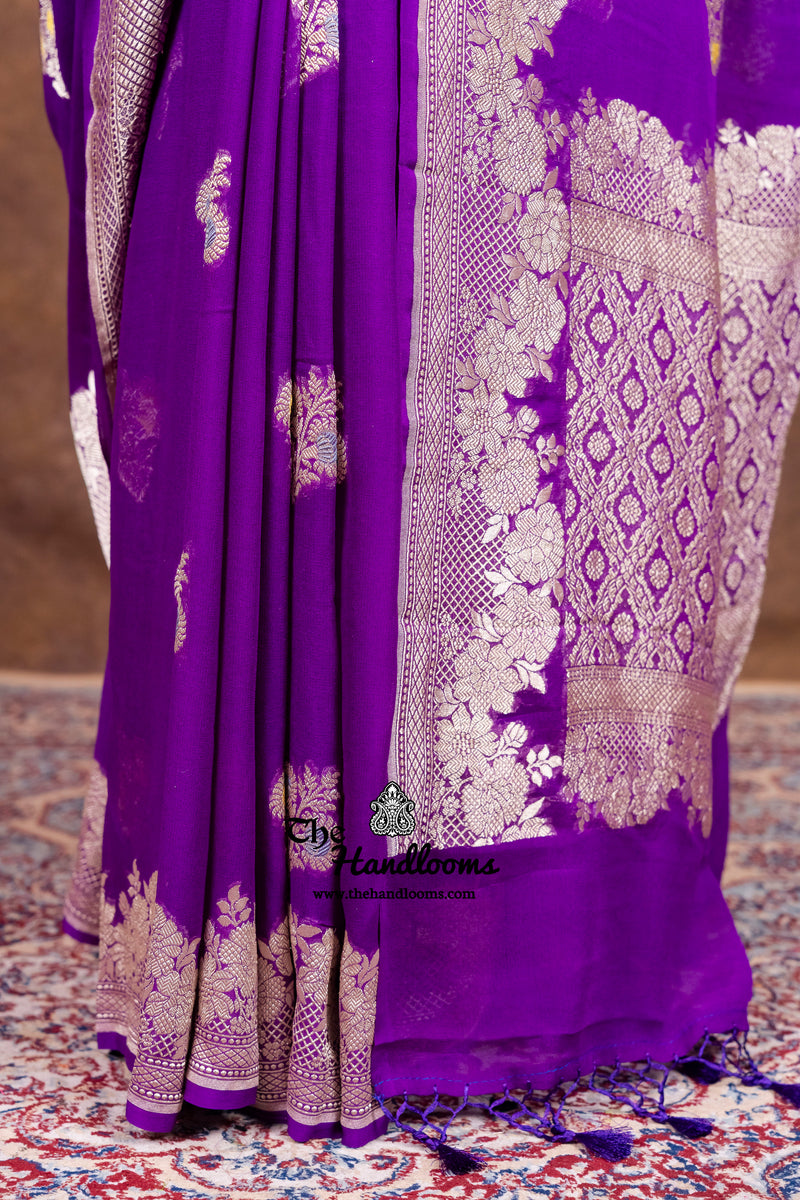 Pure Khaddi Georgette Handloom Banarasi Saree - All Over Jaal Work With Meenakari