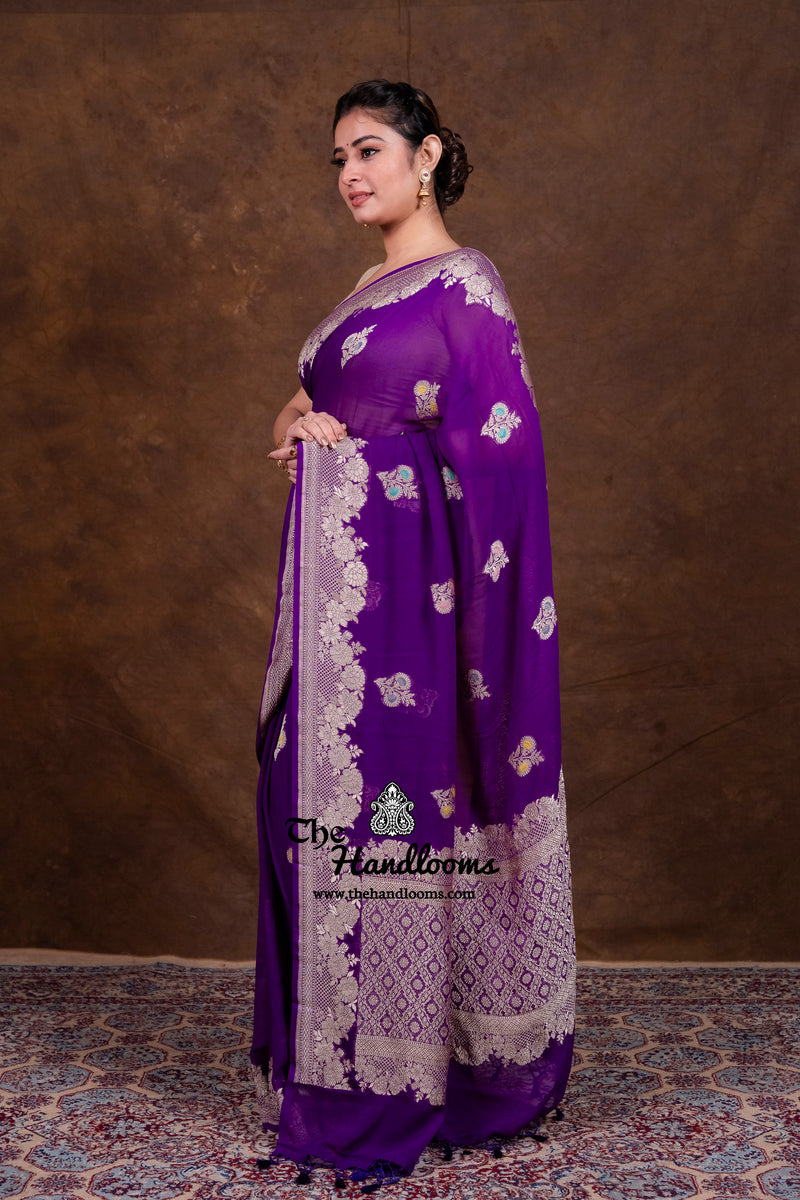 Pure Khaddi Georgette Handloom Banarasi Saree - All Over Jaal Work With Meenakari