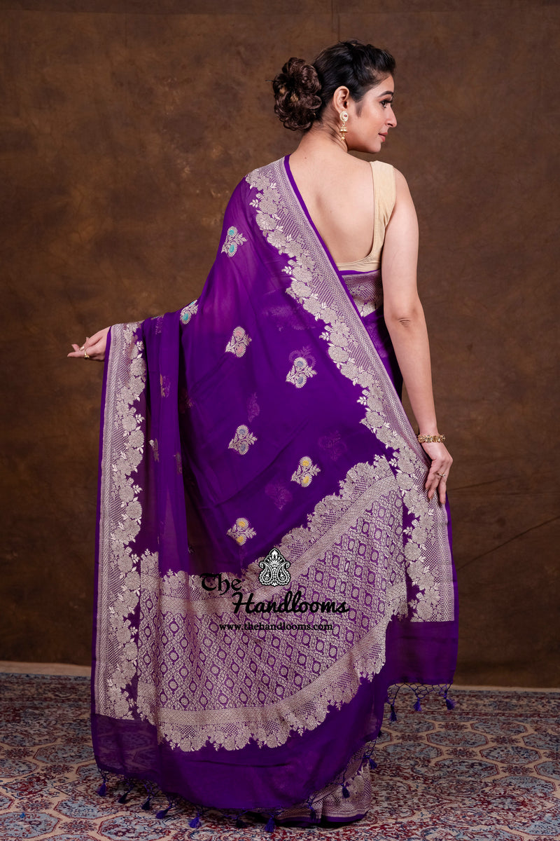 Pure Khaddi Georgette Handloom Banarasi Saree - All Over Jaal Work With Meenakari