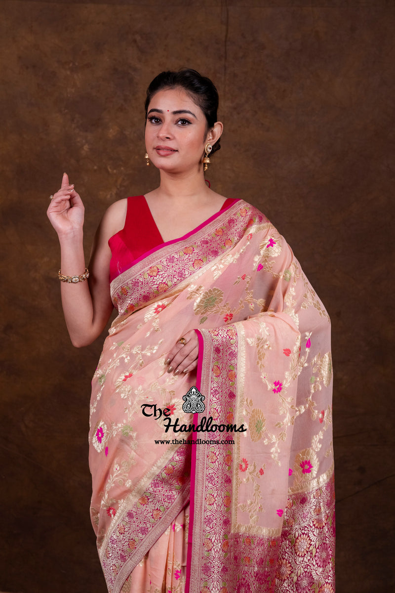 Pure Khaddi Georgette Handloom Banarasi Saree - All Over Jaal Work With Meenakari