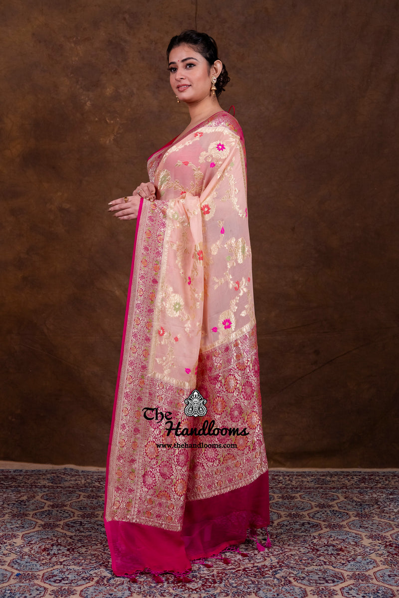 Pure Khaddi Georgette Handloom Banarasi Saree - All Over Jaal Work With Meenakari