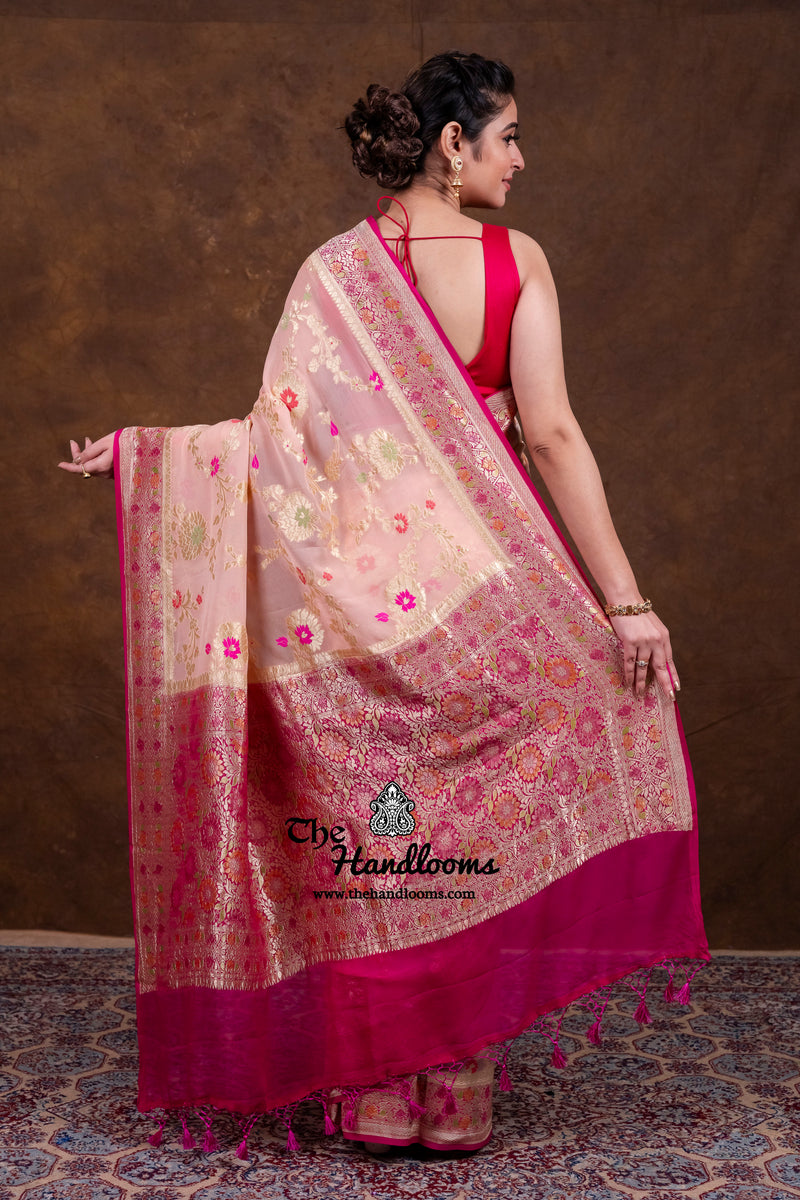 Pure Khaddi Georgette Handloom Banarasi Saree - All Over Jaal Work With Meenakari