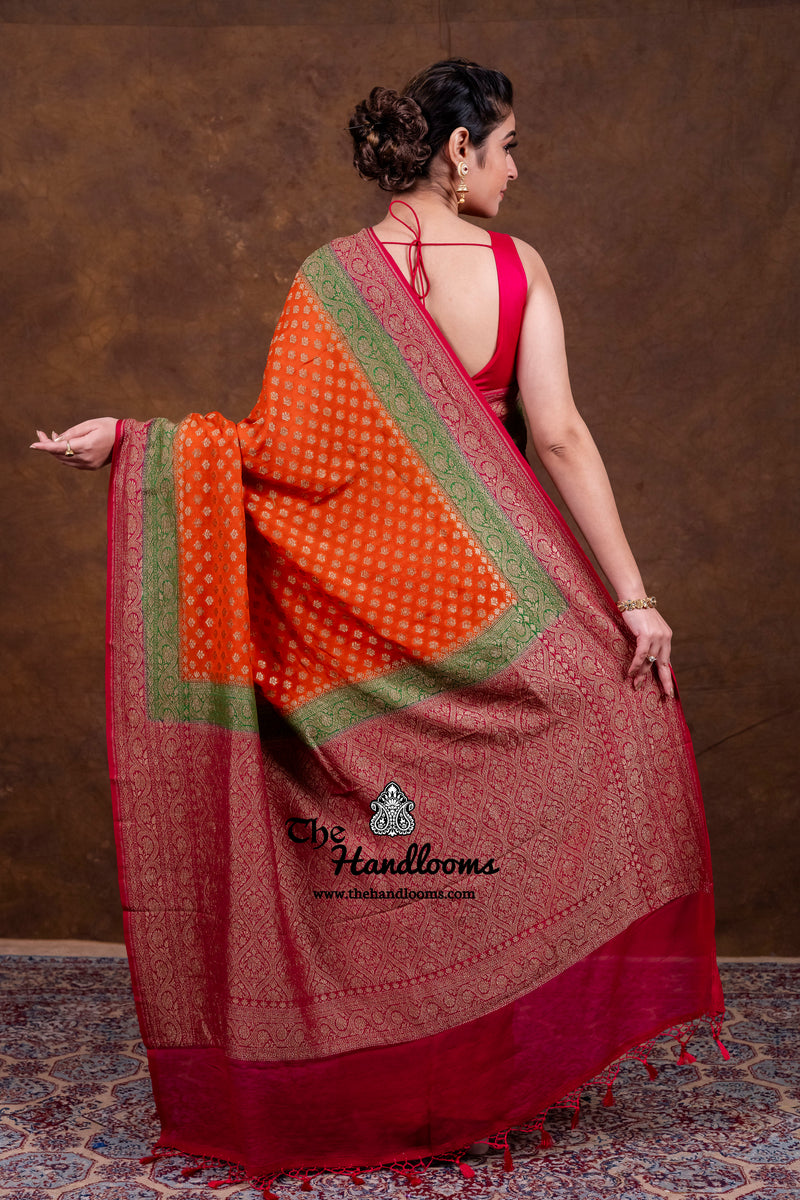 Pure Khaddi Georgette Handloom Banarasi Saree - Antique Zari