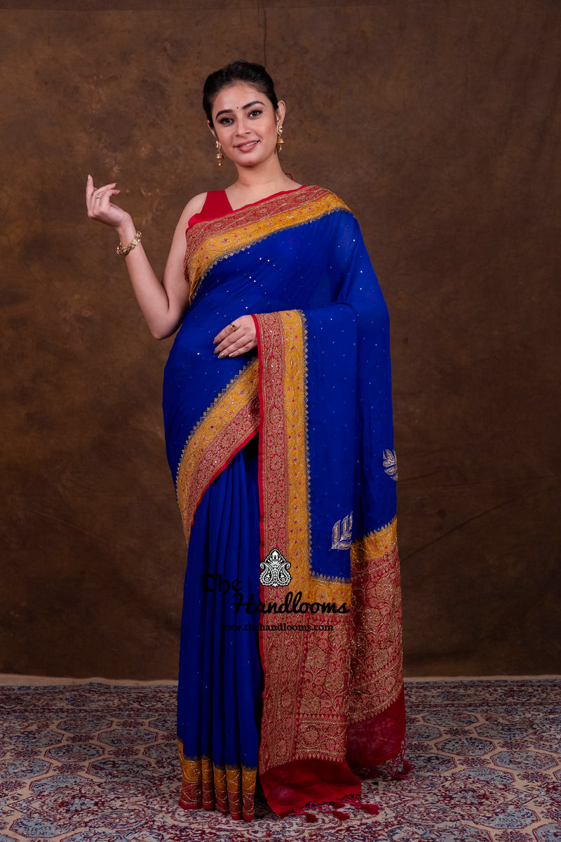 Khaddi Georgette Handloom Banarasi Saree with Handwork: Gota Patti, Zardozi, Diamond Chain, Katdana, and Abla Detailing