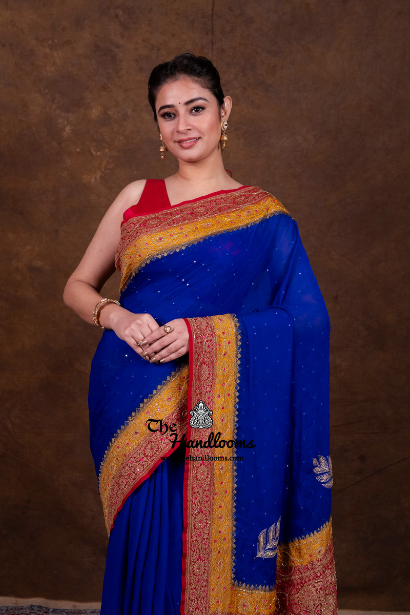 Khaddi Georgette Handloom Banarasi Saree with Handwork: Gota Patti, Zardozi, Diamond Chain, Katdana, and Abla Detailing