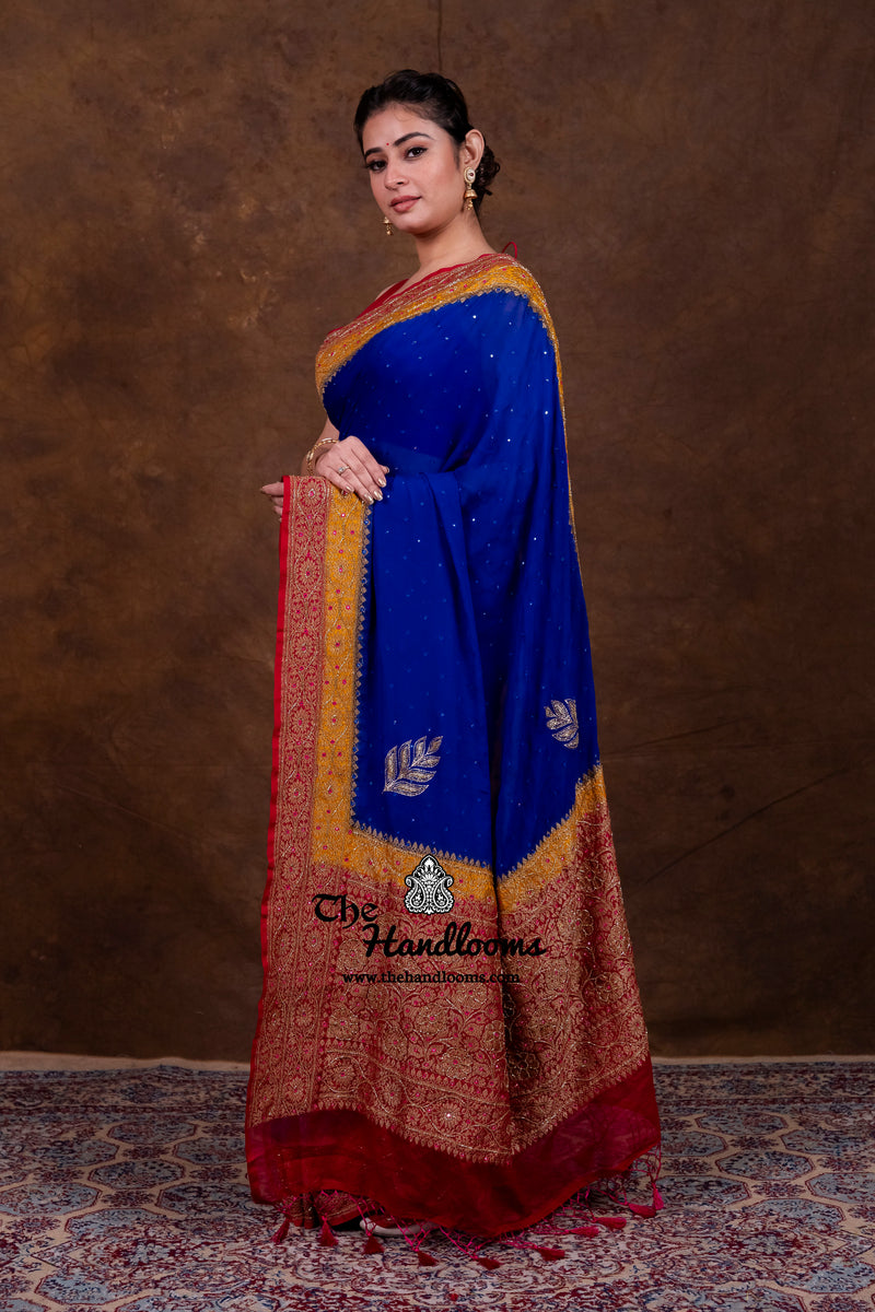 Khaddi Georgette Handloom Banarasi Saree with Handwork: Gota Patti, Zardozi, Diamond Chain, Katdana, and Abla Detailing