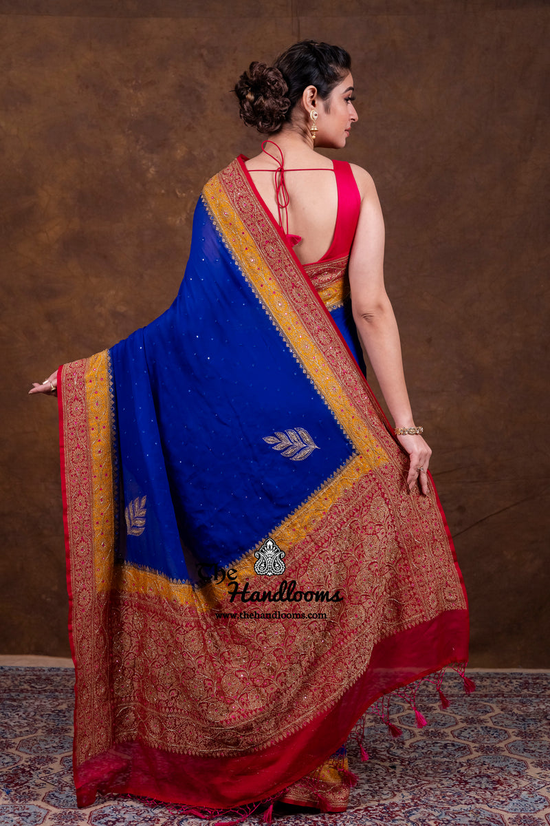 Khaddi Georgette Handloom Banarasi Saree with Handwork: Gota Patti, Zardozi, Diamond Chain, Katdana, and Abla Detailing