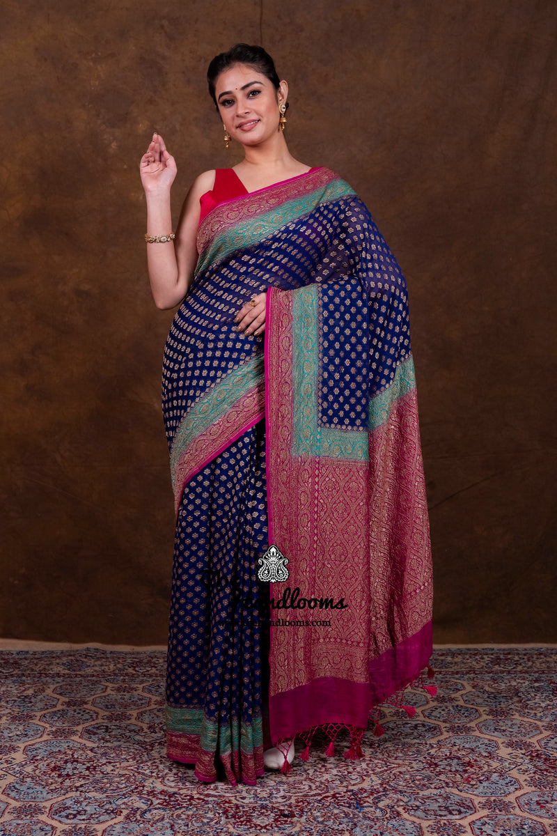 Pure Khaddi Georgette Handloom Banarasi Saree - Antique Zari