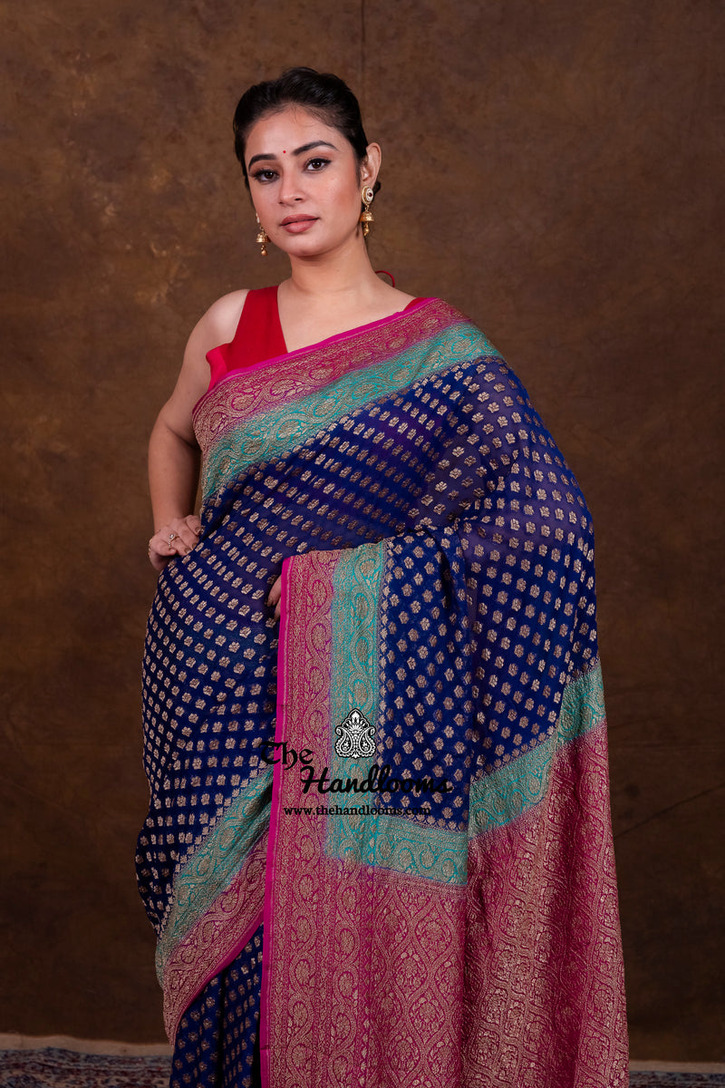Pure Khaddi Georgette Handloom Banarasi Saree - Antique Zari