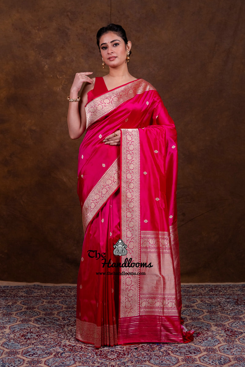 Hot Pink Pure Katan Silk Banarasi Handloom Saree - All Over Kadua Motifs