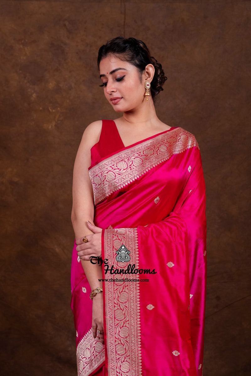 Hot Pink Pure Katan Silk Banarasi Handloom Saree - All Over Kadua Motifs