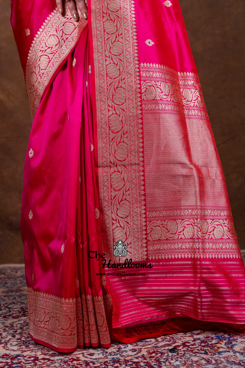 Hot Pink Pure Katan Silk Banarasi Handloom Saree - All Over Kadua Motifs