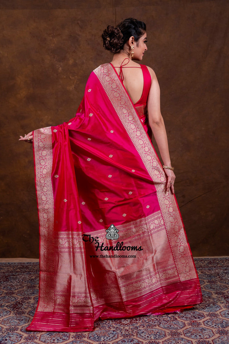 Hot Pink Pure Katan Silk Banarasi Handloom Saree - All Over Kadua Motifs