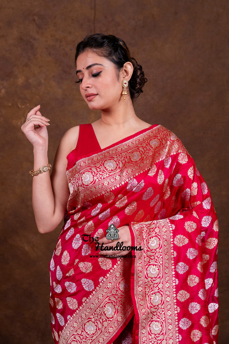 Red Pure Katan Silk Banarasi Handloom Saree - All Over Sona Roopa Jaal Work