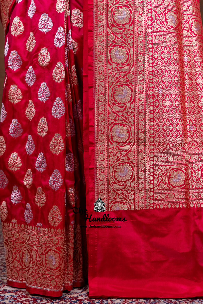 Red Pure Katan Silk Banarasi Handloom Saree - All Over Sona Roopa Jaal Work