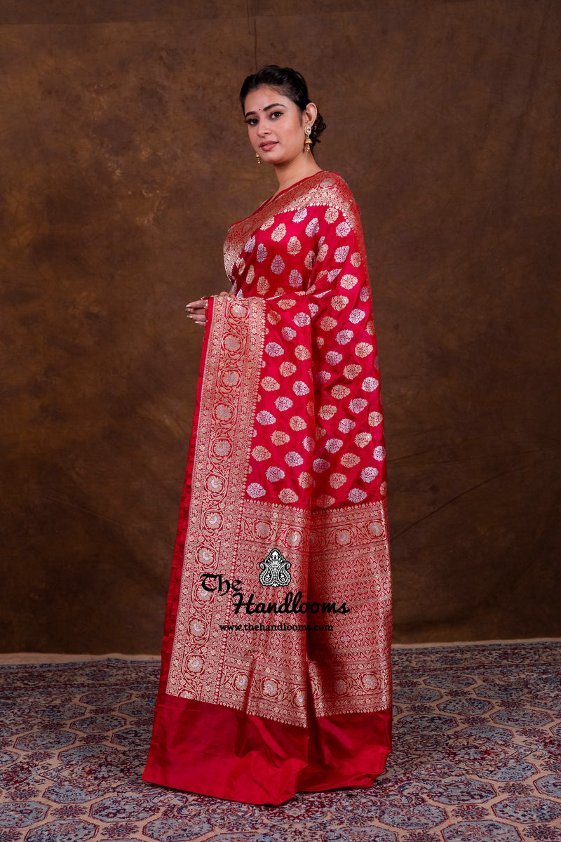 Red Pure Katan Silk Banarasi Handloom Saree - All Over Sona Roopa Jaal Work