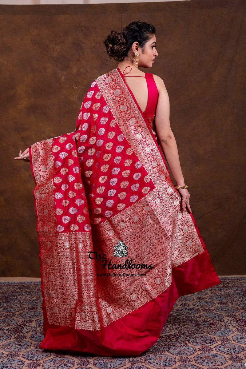 Red Pure Katan Silk Banarasi Handloom Saree - All Over Sona Roopa Jaal Work