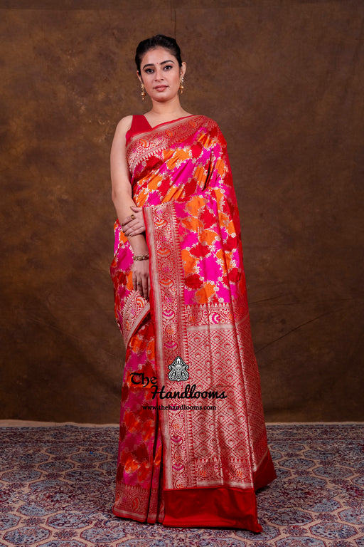 Multicolor Pure Katan Silk Banarasi Handloom Saree - All over Jaal Work With Rangkart - The Handlooms
