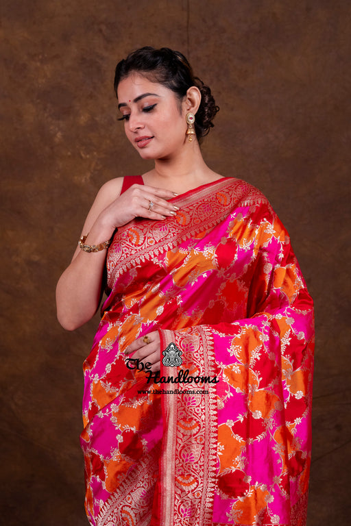 Multicolor Pure Katan Silk Banarasi Handloom Saree - All over Jaal Work With Rangkart - The Handlooms