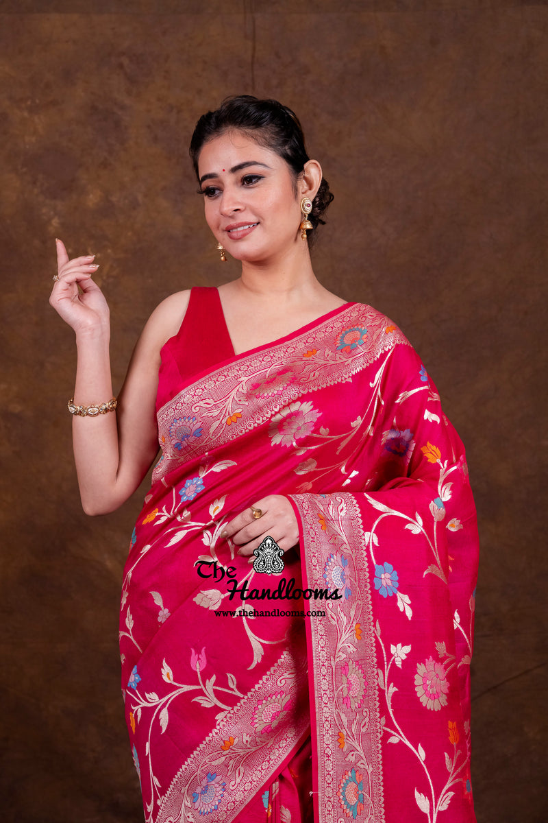 Hot Pink Tussar Georgette Handloom Banarasi Saree With Meenakari