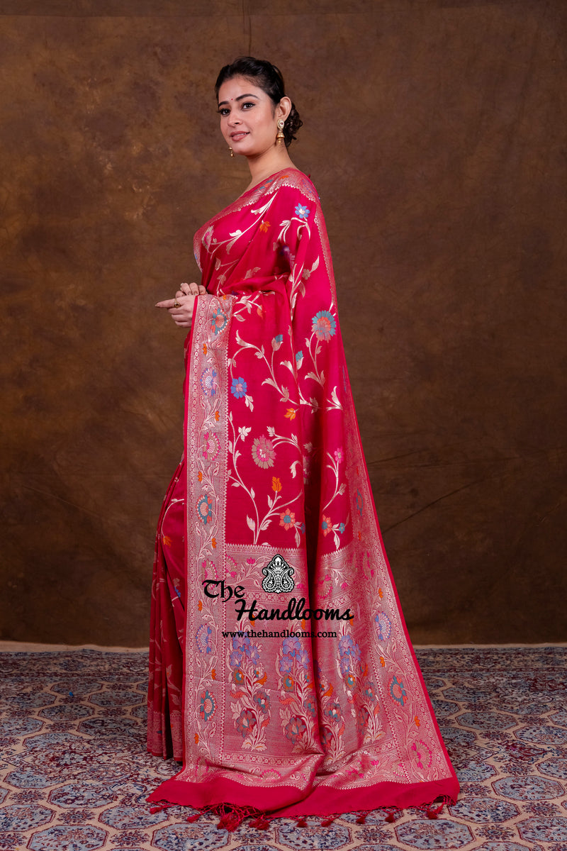 Hot Pink Tussar Georgette Handloom Banarasi Saree With Meenakari